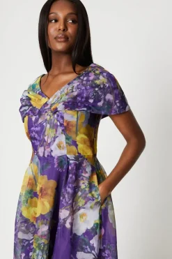 Organza Print Pleat Cape Detail Midi Dress