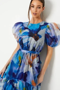Organza Puff Sleeve Midi Dress