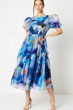Organza Puff Sleeve Midi Dress