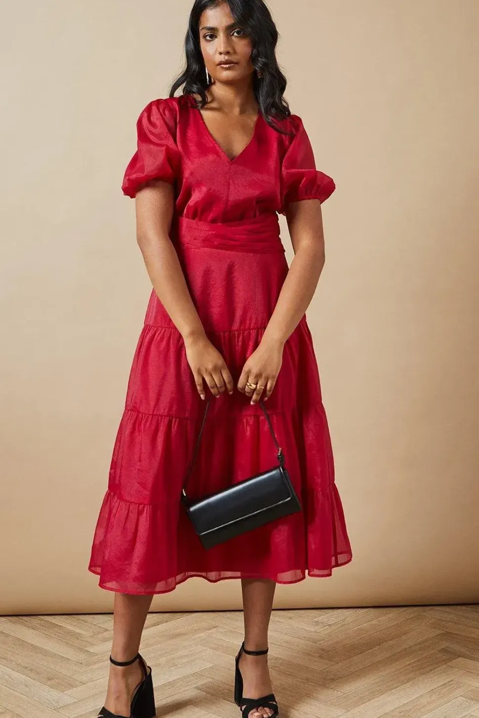 Organza Puff Sleeve Pintuck Midi Dress