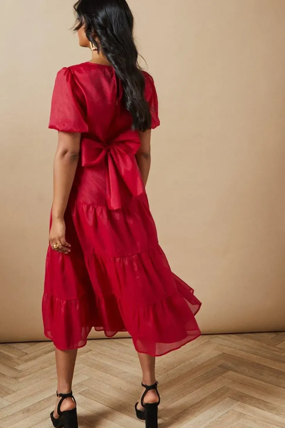 Organza Puff Sleeve Pintuck Midi Dress