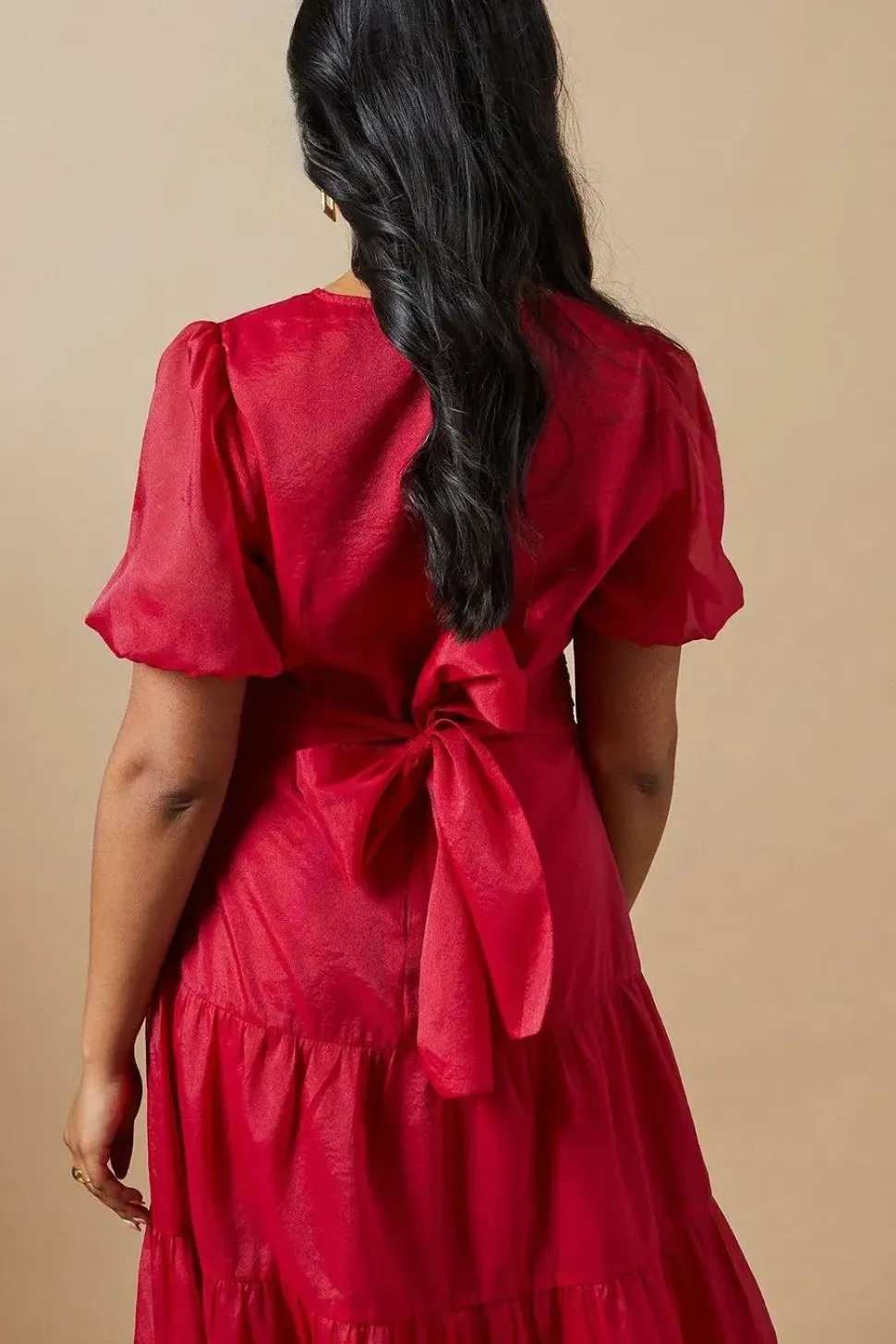 Organza Puff Sleeve Pintuck Midi Dress