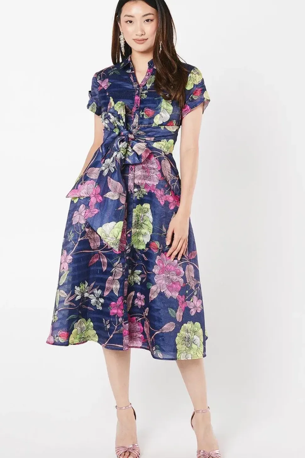 Organza Short Sleeve Printed Tie Waist Shirt Dress