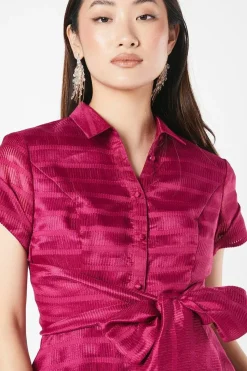 Organza Short Sleeve Tie Waist Shirt Dress
