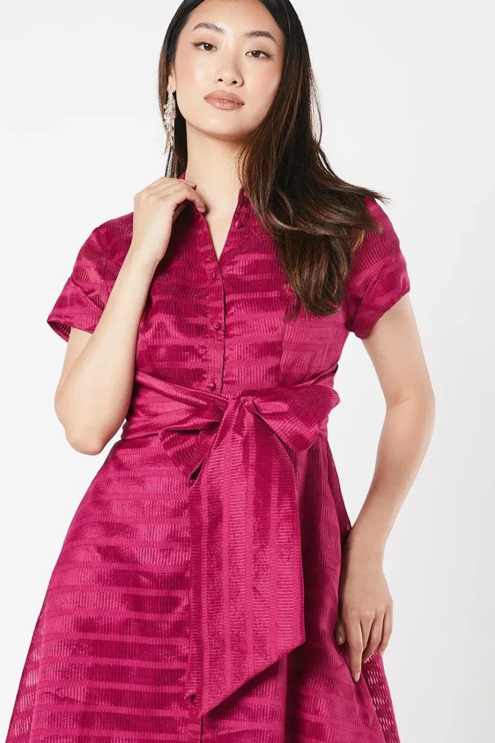 Organza Short Sleeve Tie Waist Shirt Dress