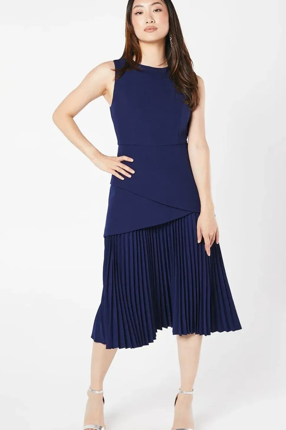 Overlay Pleated Skirt Midi Wedding Guest Dress
