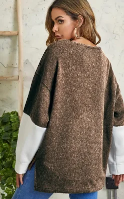 Oversized Grey & White Block Colour Top In Brown
