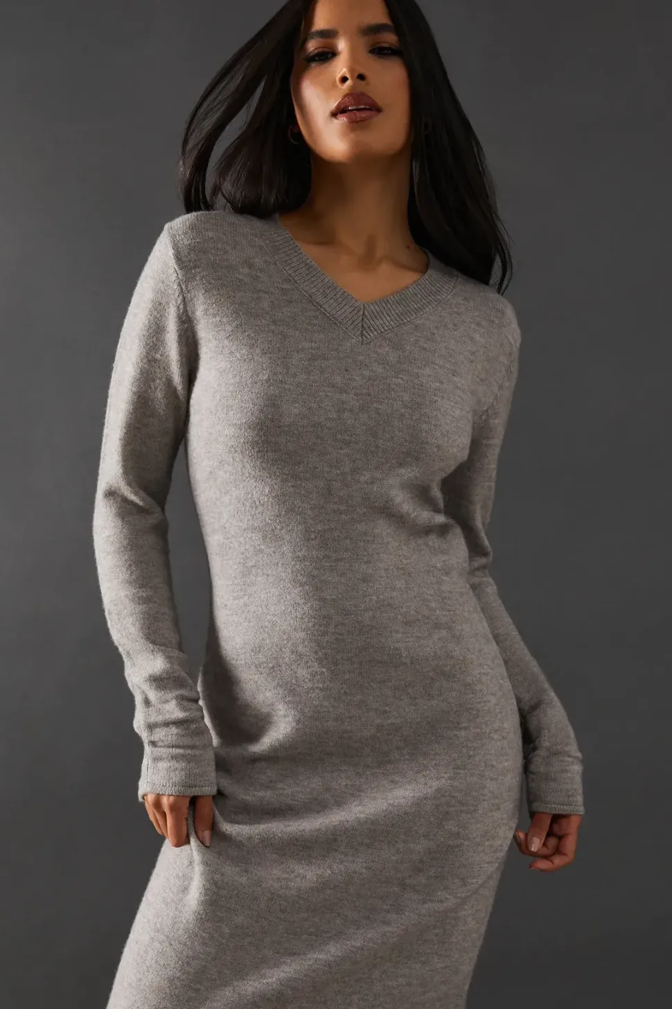 Oversized High V Neck Knitted Midaxi Dress