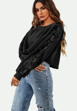 Oversized Sequin Detail Cropped Sweatshirt In Black