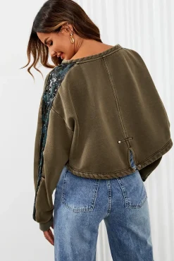 Oversized Sequin Detail Cropped Sweatshirt In Khaki