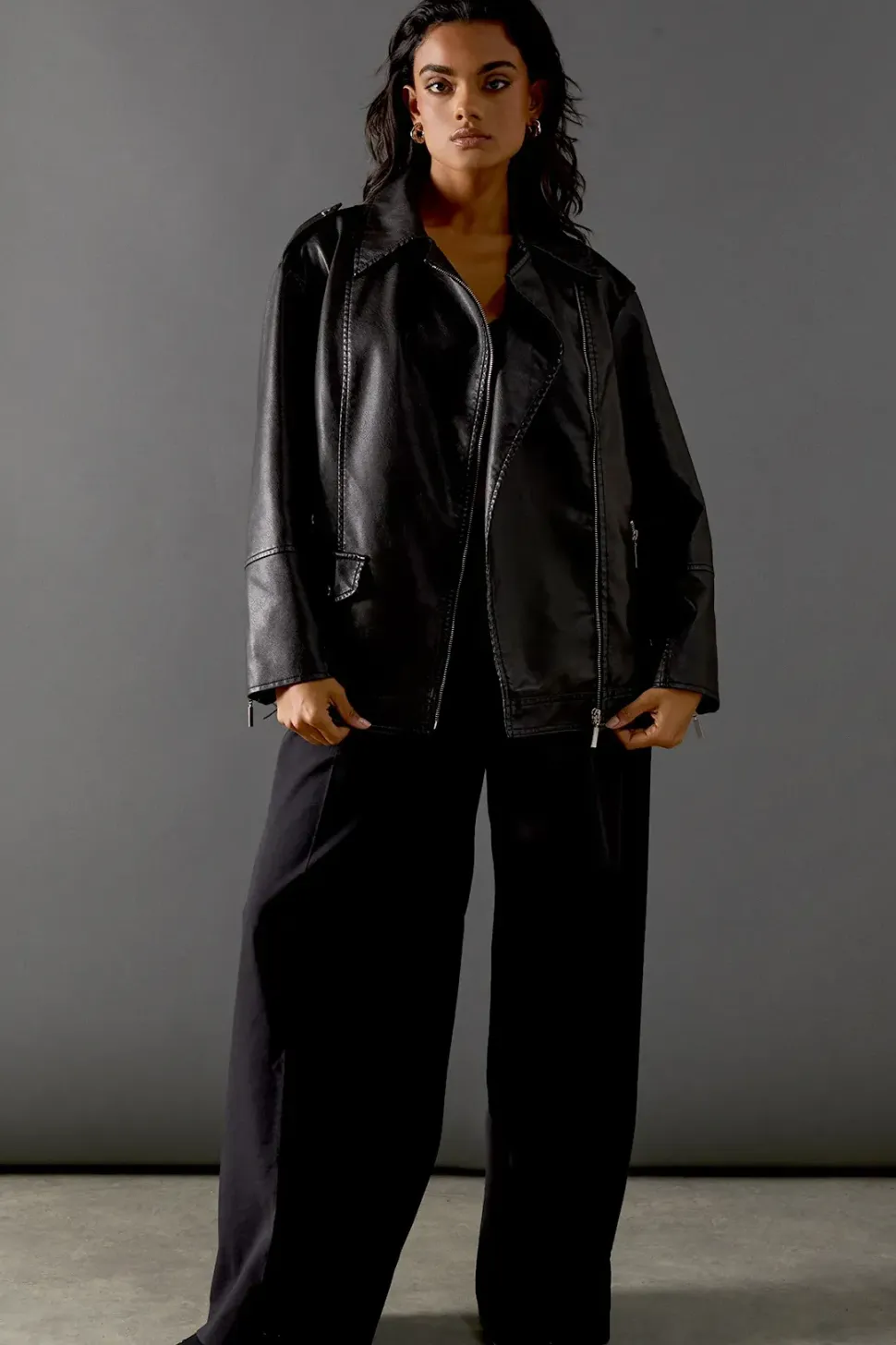 Oversized Whipstitch Detail Leather Jacket