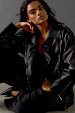 Oversized Whipstitch Detail Leather Jacket