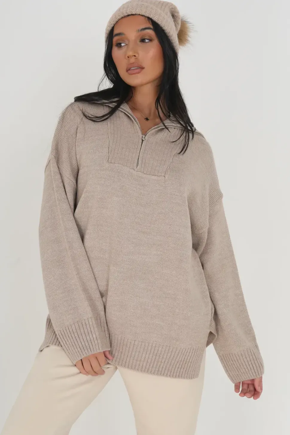 Oversized Zip Collar Knitted Jumper
