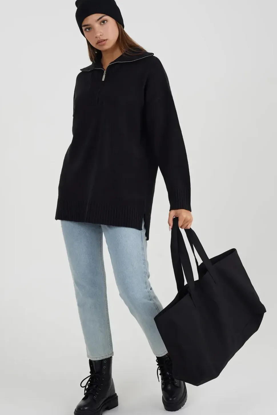 Oversized Zip Collar Knitted Jumper