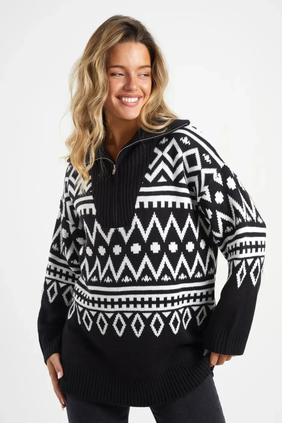 Oversized Zip Neck Knitted Pattern Jumper