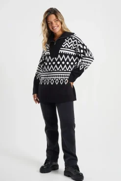 Oversized Zip Neck Knitted Pattern Jumper