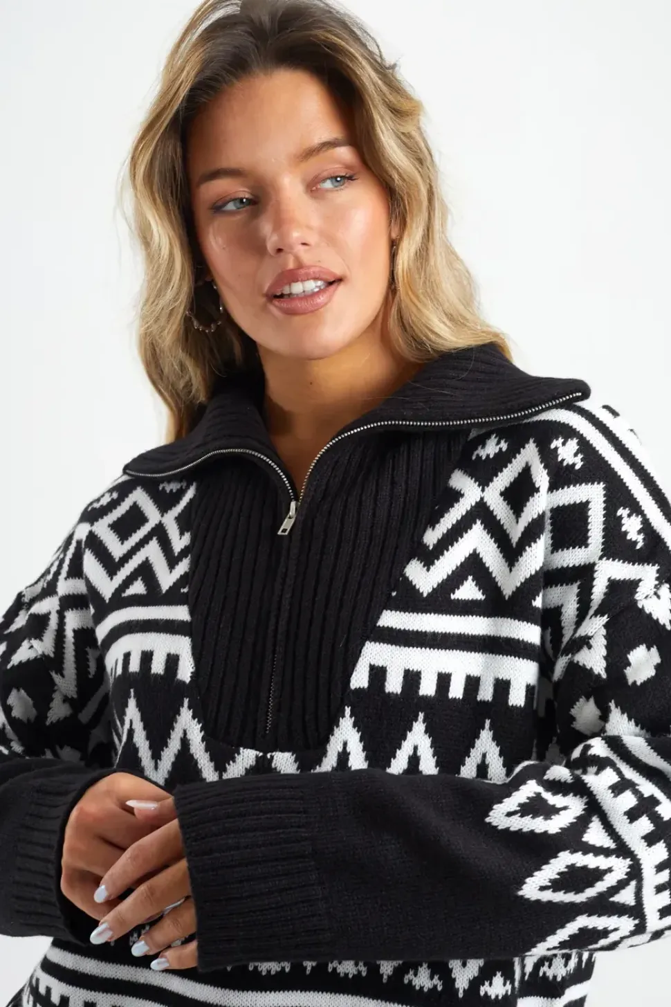 Oversized Zip Neck Knitted Pattern Jumper