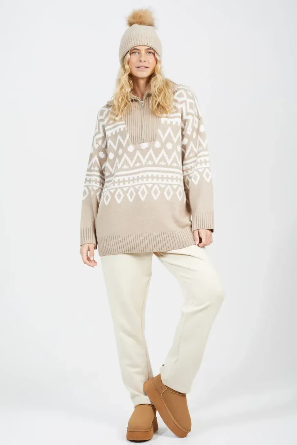 Oversized Zip Neck Knitted Pattern Jumper