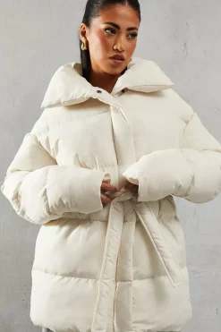 Padded Collar Tie Belt Puffer Coat