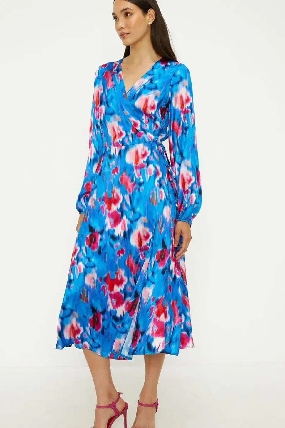 Painted Abstract Satin Wrap Midi Dress