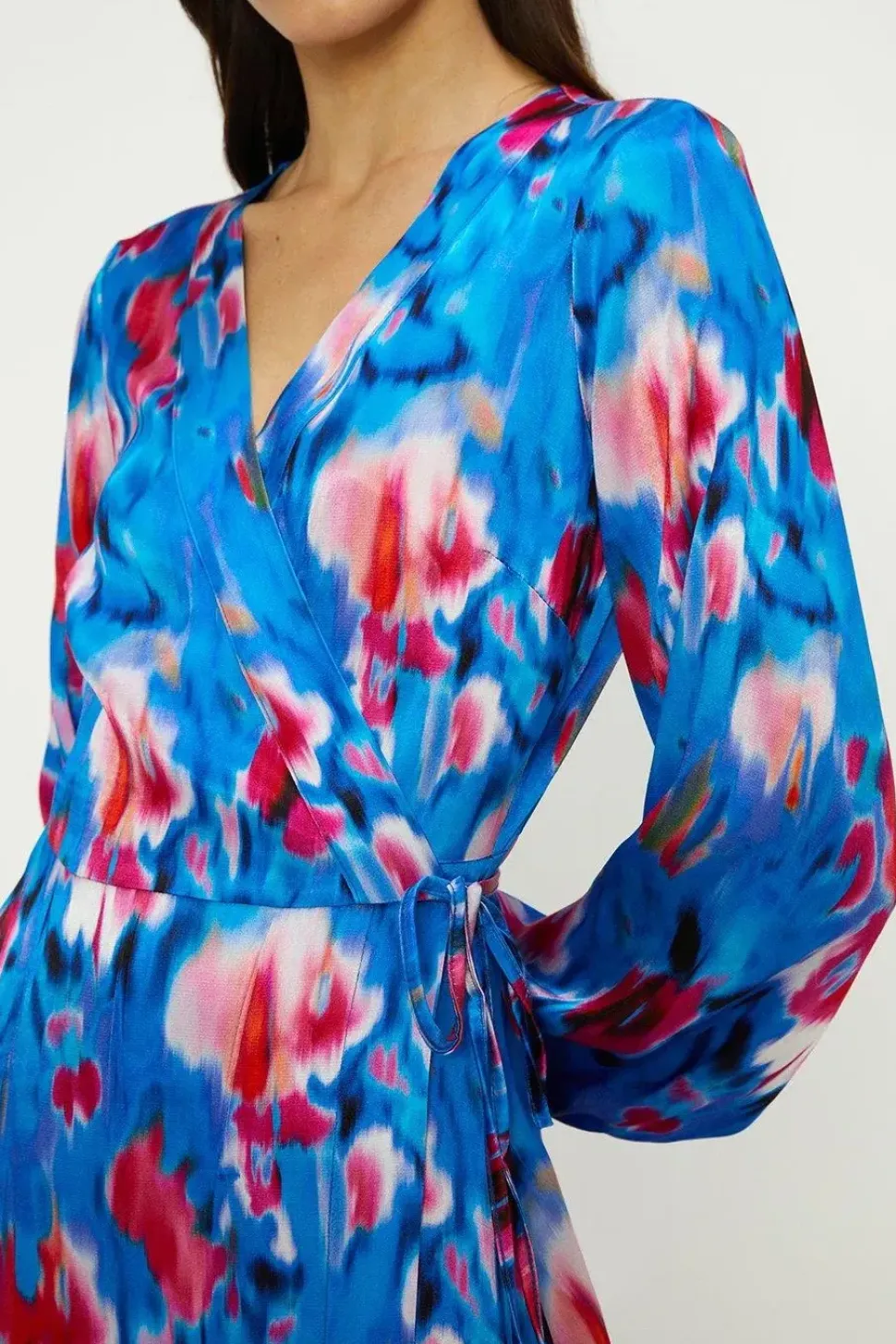 Painted Abstract Satin Wrap Midi Dress