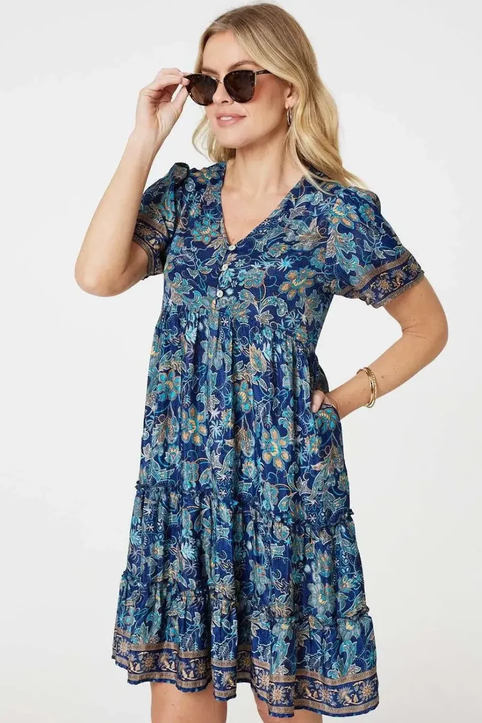 Paisley Border Print V-Neck Short Dress