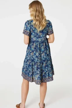 Paisley Border Print V-Neck Short Dress