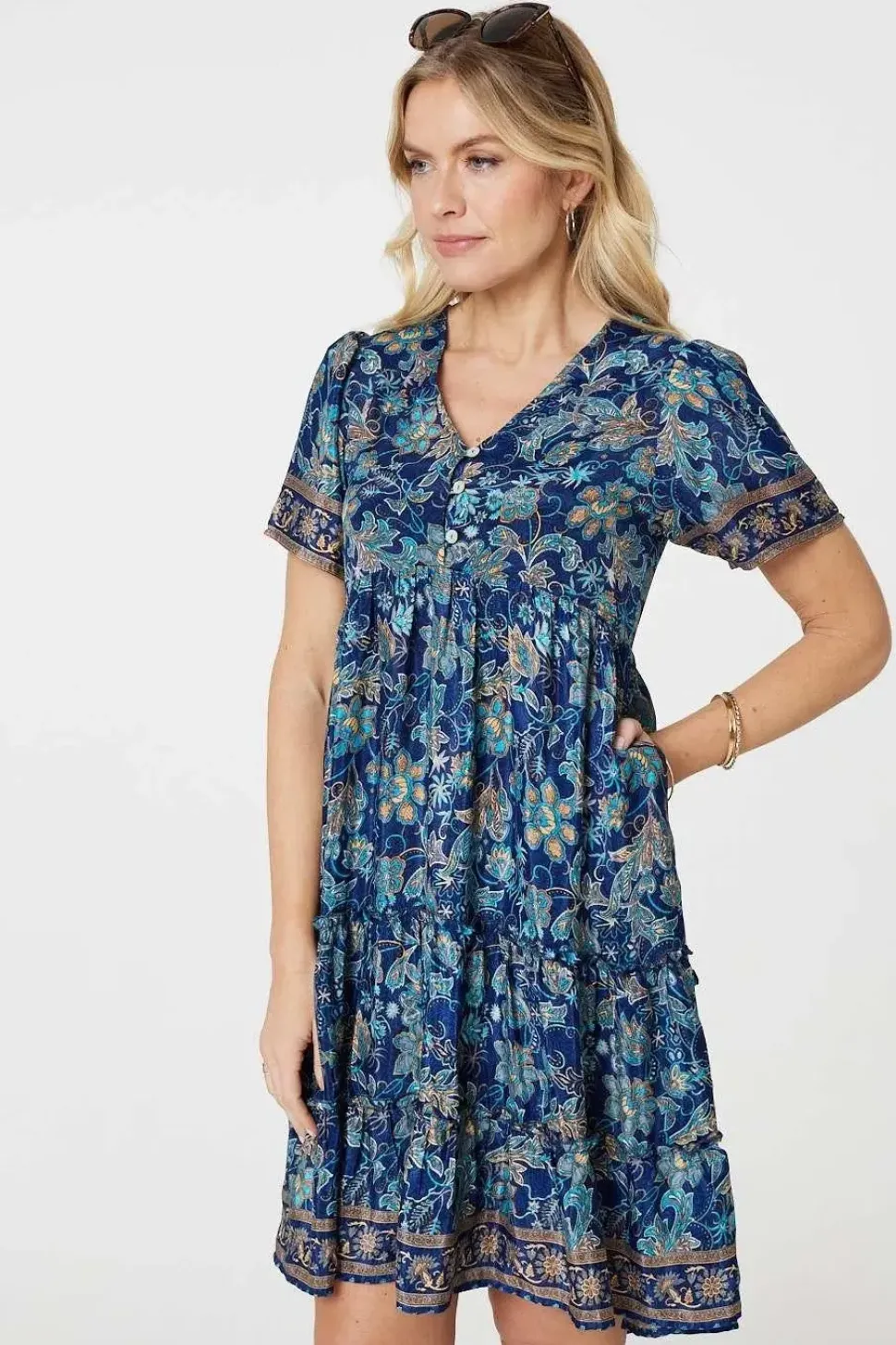 Paisley Border Print V-Neck Short Dress