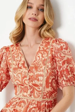 Paisley Burnout Chiffon Stripe Trim Mini Dress