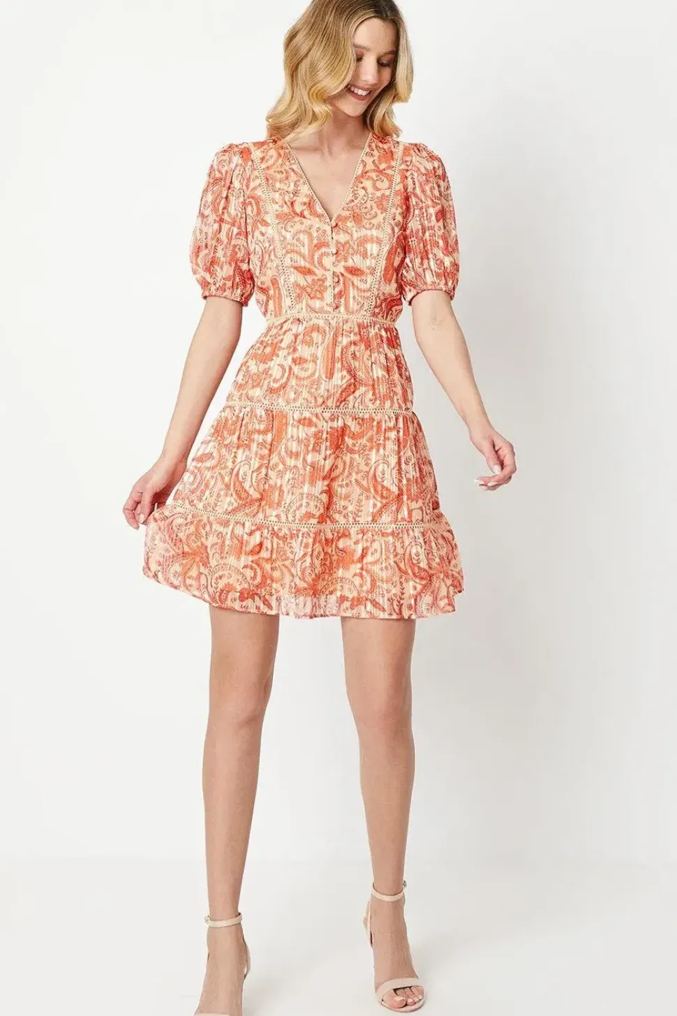 Paisley Burnout Chiffon Stripe Trim Mini Dress