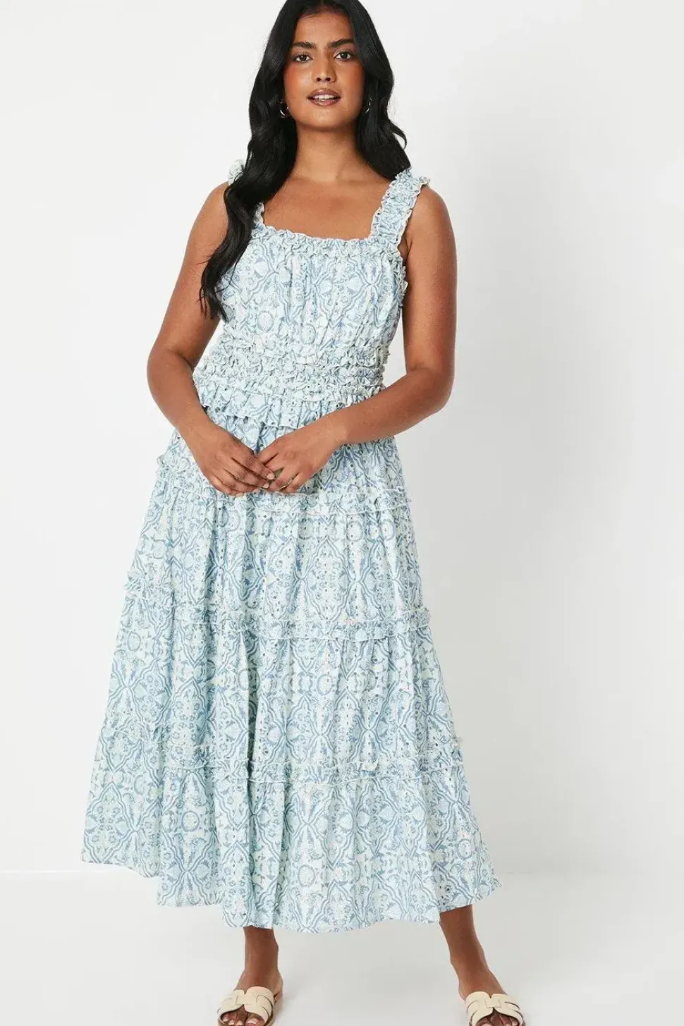 Paisley Cutwork Shirred Strap Ruffle Detail Midi Dress