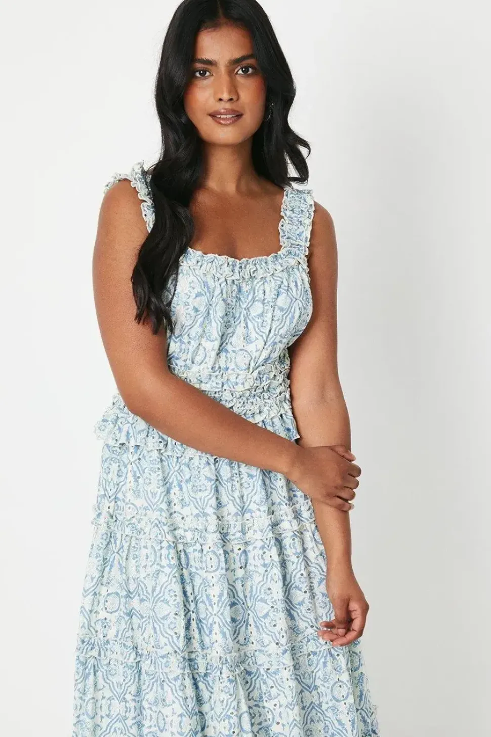 Paisley Cutwork Shirred Strap Ruffle Detail Midi Dress