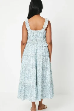 Paisley Cutwork Shirred Strap Ruffle Detail Midi Dress