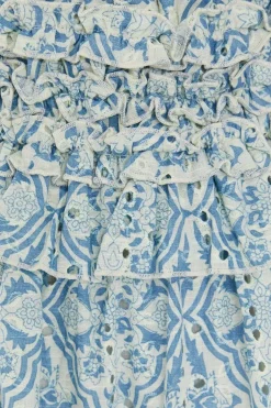 Paisley Cutwork Shirred Strap Ruffle Detail Midi Dress