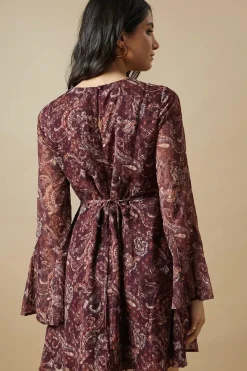 Paisley Dobby Chiffon Flared Sleeve Tie Back Mini Dress
