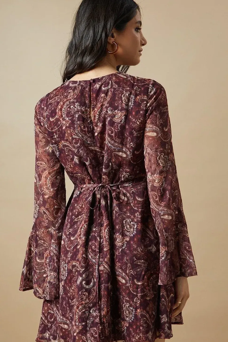 Paisley Dobby Chiffon Flared Sleeve Tie Back Mini Dress