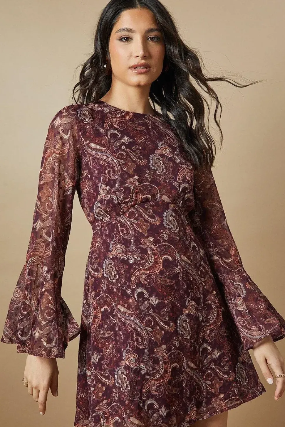 Paisley Dobby Chiffon Flared Sleeve Tie Back Mini Dress