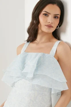 Paisley Frill Strappy Organza Midi Dress