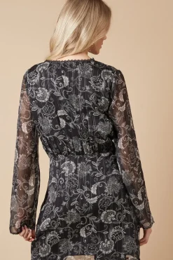 Paisley Lace Trim Metallic Chiffon Wrap Mini Dress