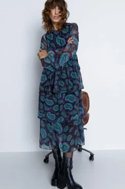 Paisley Layered Chiffon Belted Midi Dress