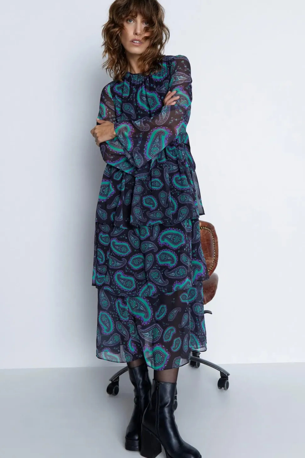 Paisley Layered Chiffon Belted Midi Dress