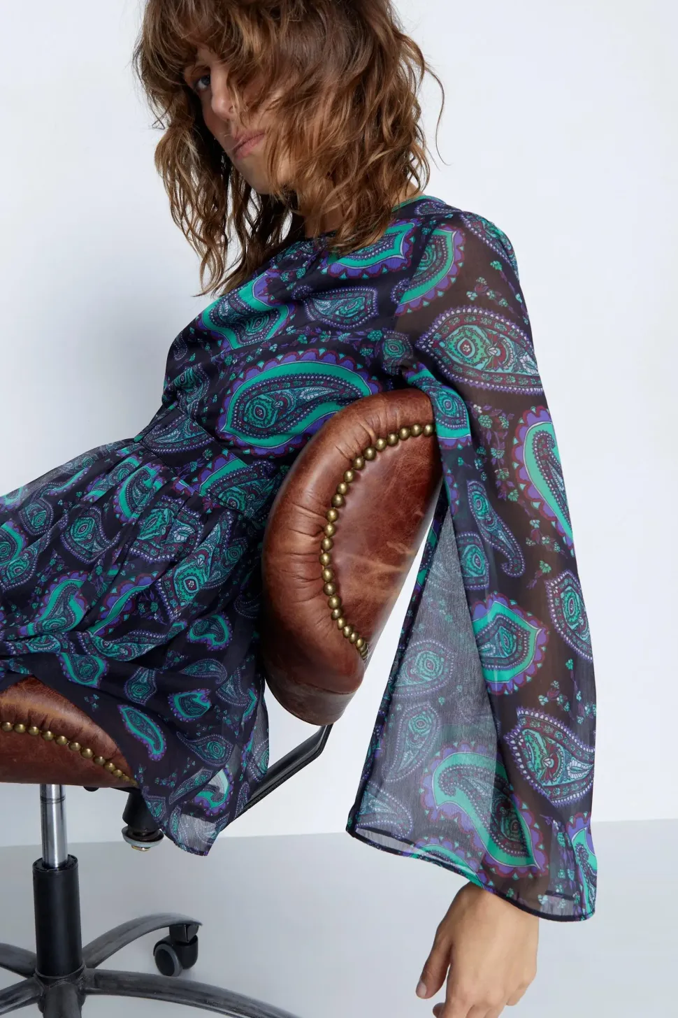 Paisley Layered Chiffon Belted Midi Dress