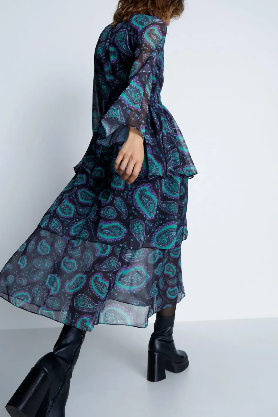 Paisley Layered Chiffon Belted Midi Dress