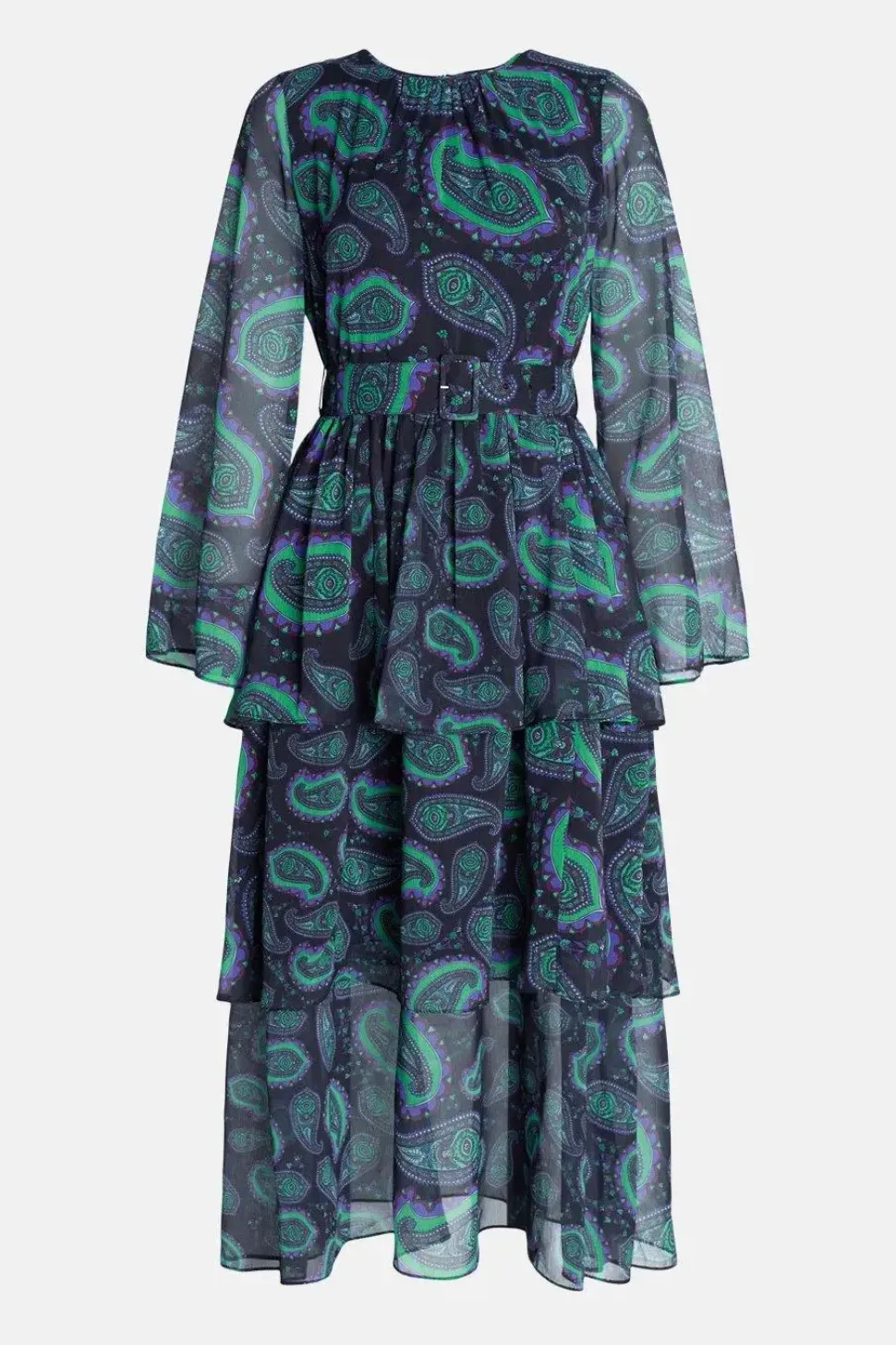 Paisley Layered Chiffon Belted Midi Dress
