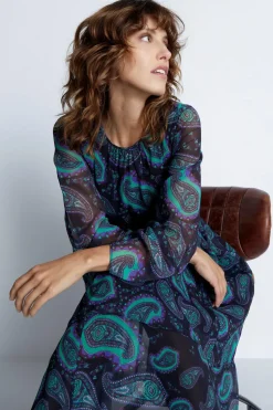 Paisley Layered Chiffon Belted Midi Dress