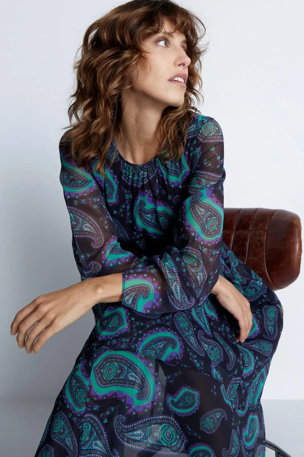 Paisley Layered Chiffon Belted Midi Dress