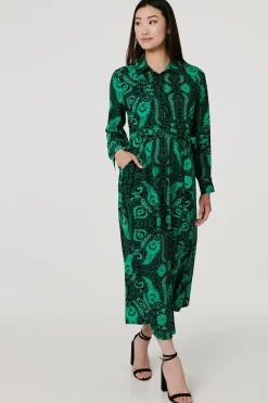 Paisley Long Sleeve Midi Shirt Dress