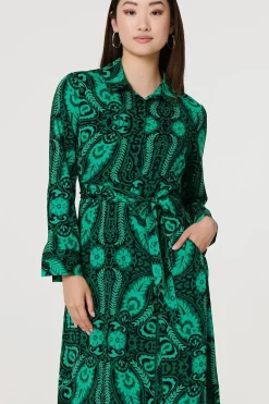 Paisley Long Sleeve Midi Shirt Dress