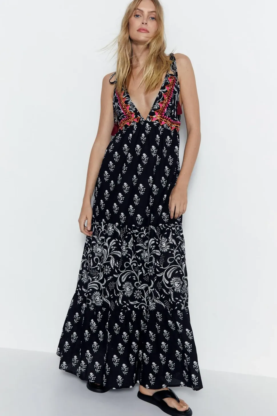 Paisley Mixed Print Embroidered Tassel Tie Maxi Dress