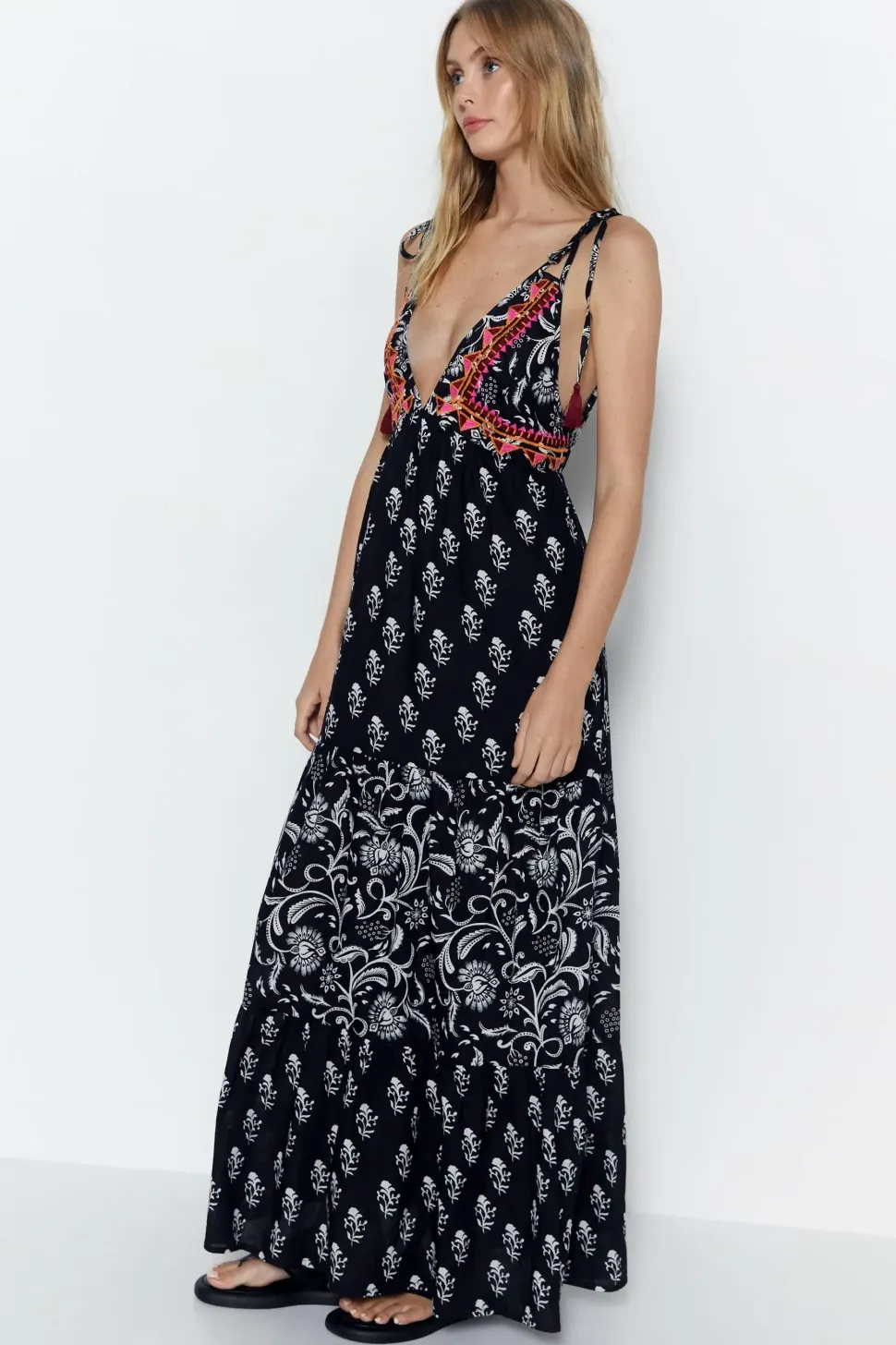 Paisley Mixed Print Embroidered Tassel Tie Maxi Dress